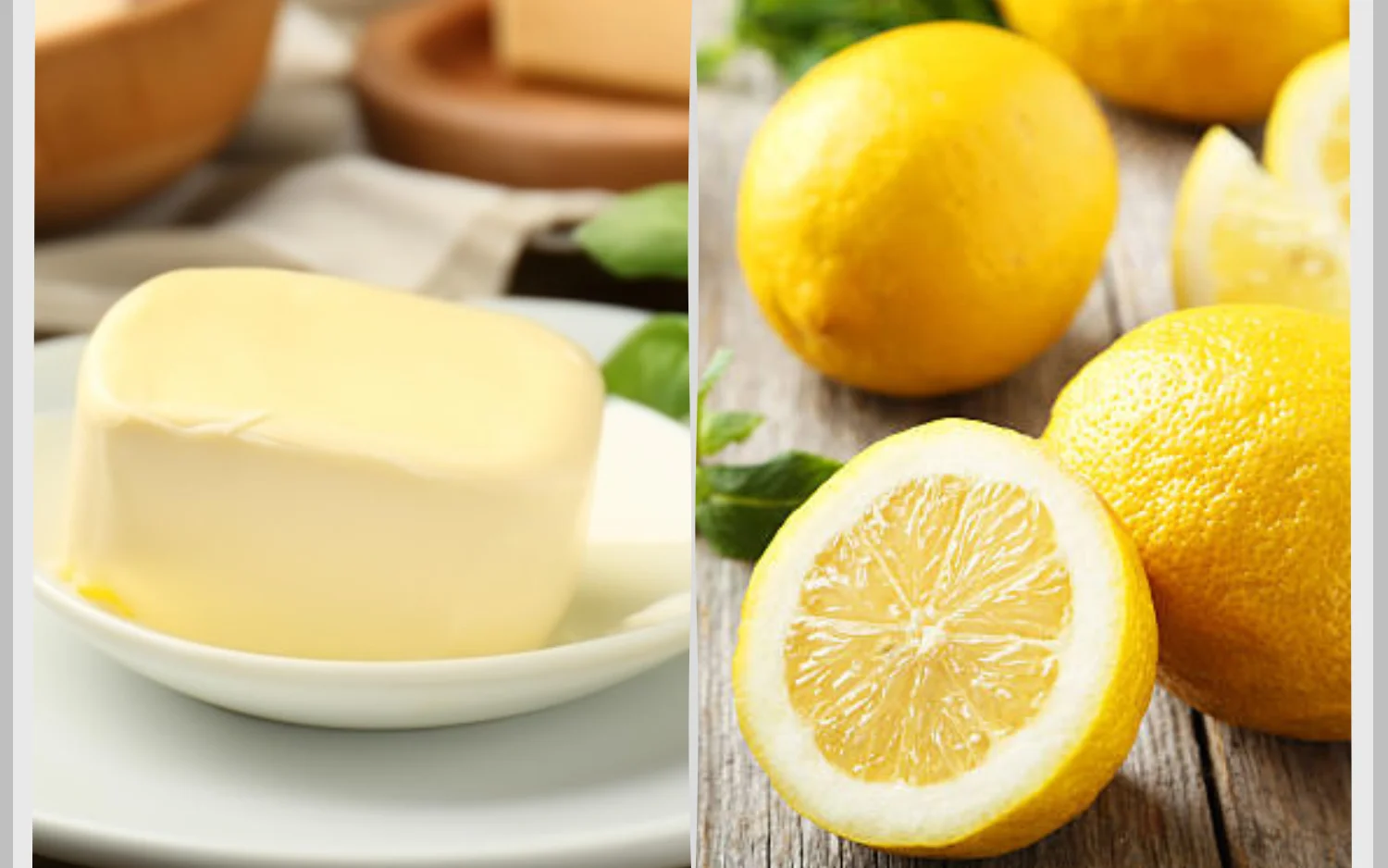 A fresh lemon next to a bowl filled with creamy butter.