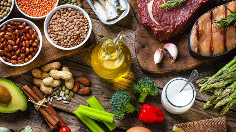 High Protein Low Fat Meals: beans, lentils, nuts, broccoli, pepper, garlic, olive oil, salmon, steak.