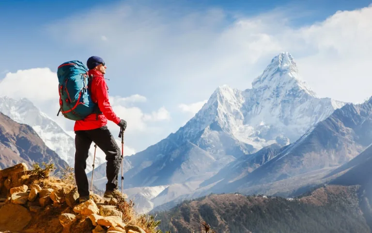 A man with a backpack stands triumphantly on a mountain peak