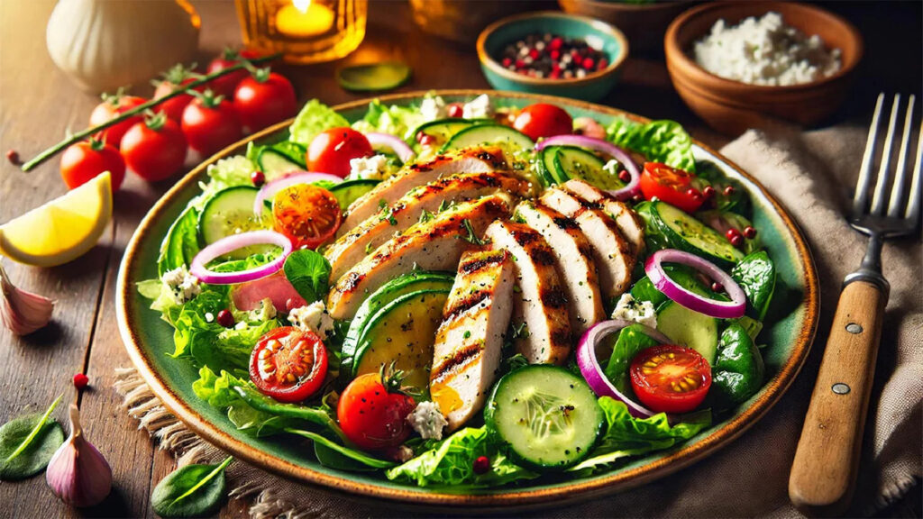 Grilled chicken salad with lettuce, cucumber, tomato, red onion, feta, and olive oil dressing