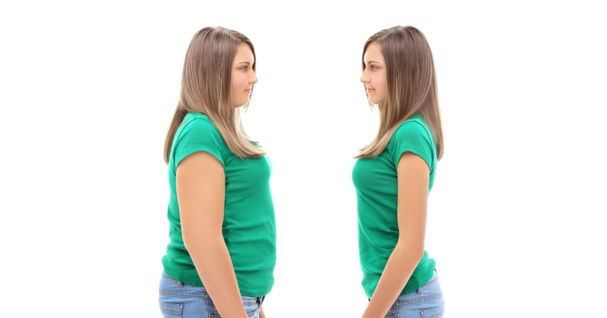 a woman before and after weight changes, illustrating the potential weight gain associated with menopause.