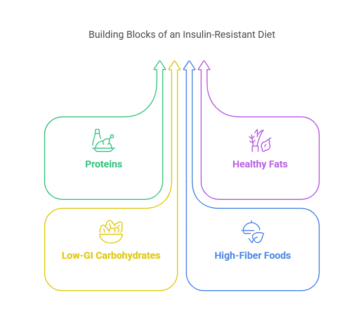 Infographic titled "Building Blocks of an Insulin-Resistant Diet" featuring four main food categories, each in a colored box with icons:

Proteins (green) – Represented with a meat and egg icon.

Healthy Fats (purple) – Illustrated with an icon of plant-based oils.

Low-GI Carbohydrates (yellow) – Depicted with a bowl of vegetables.

High-Fiber Foods (blue) – Shown with a leafy green icon.
Arrows from each block point upward, emphasizing their importance in managing insulin resistance.