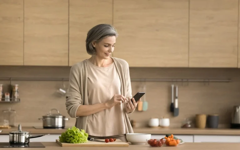 A woman in a stylish kitchen engages with her phone.