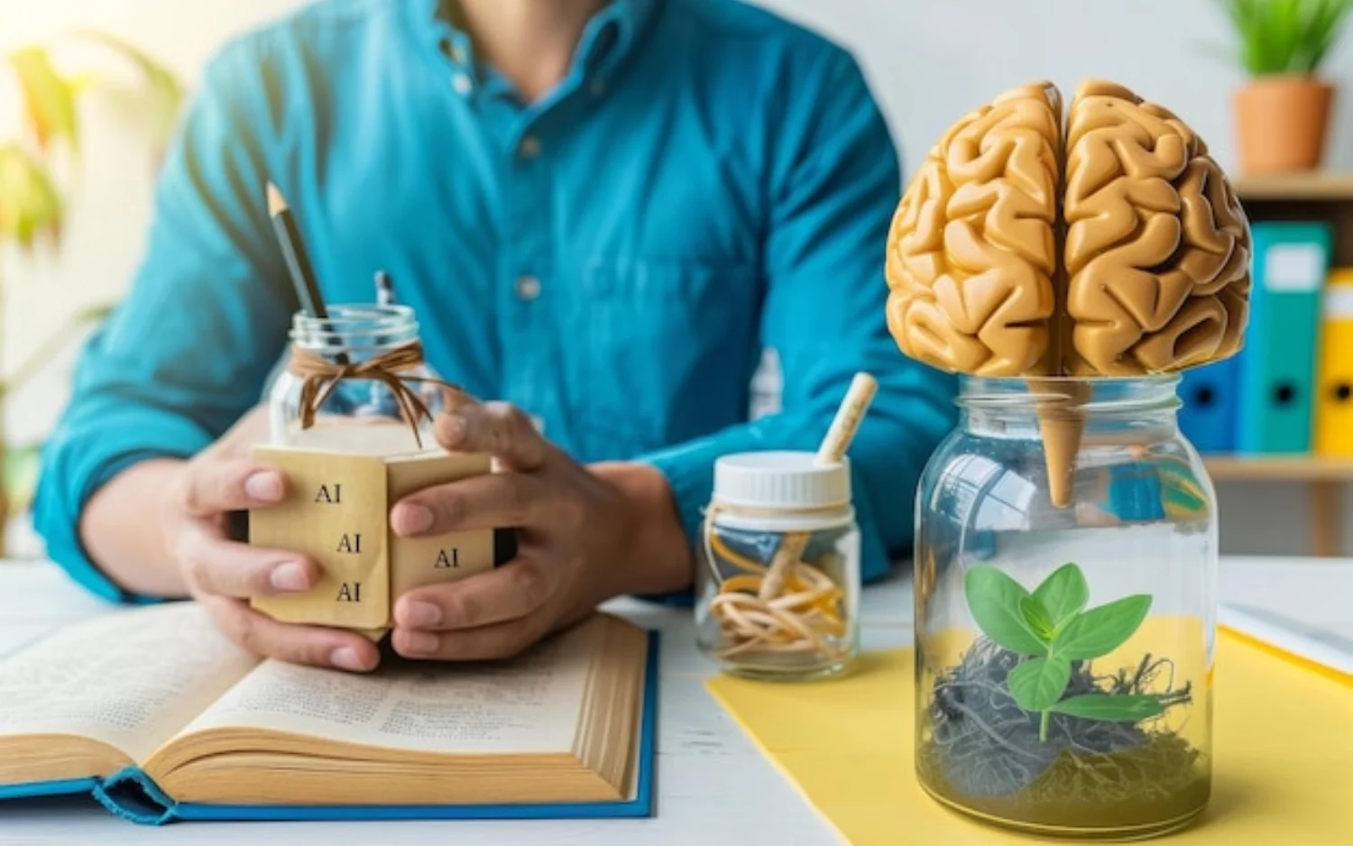 Man with a jarred brain on desk, symbolizing enhanced cognition.