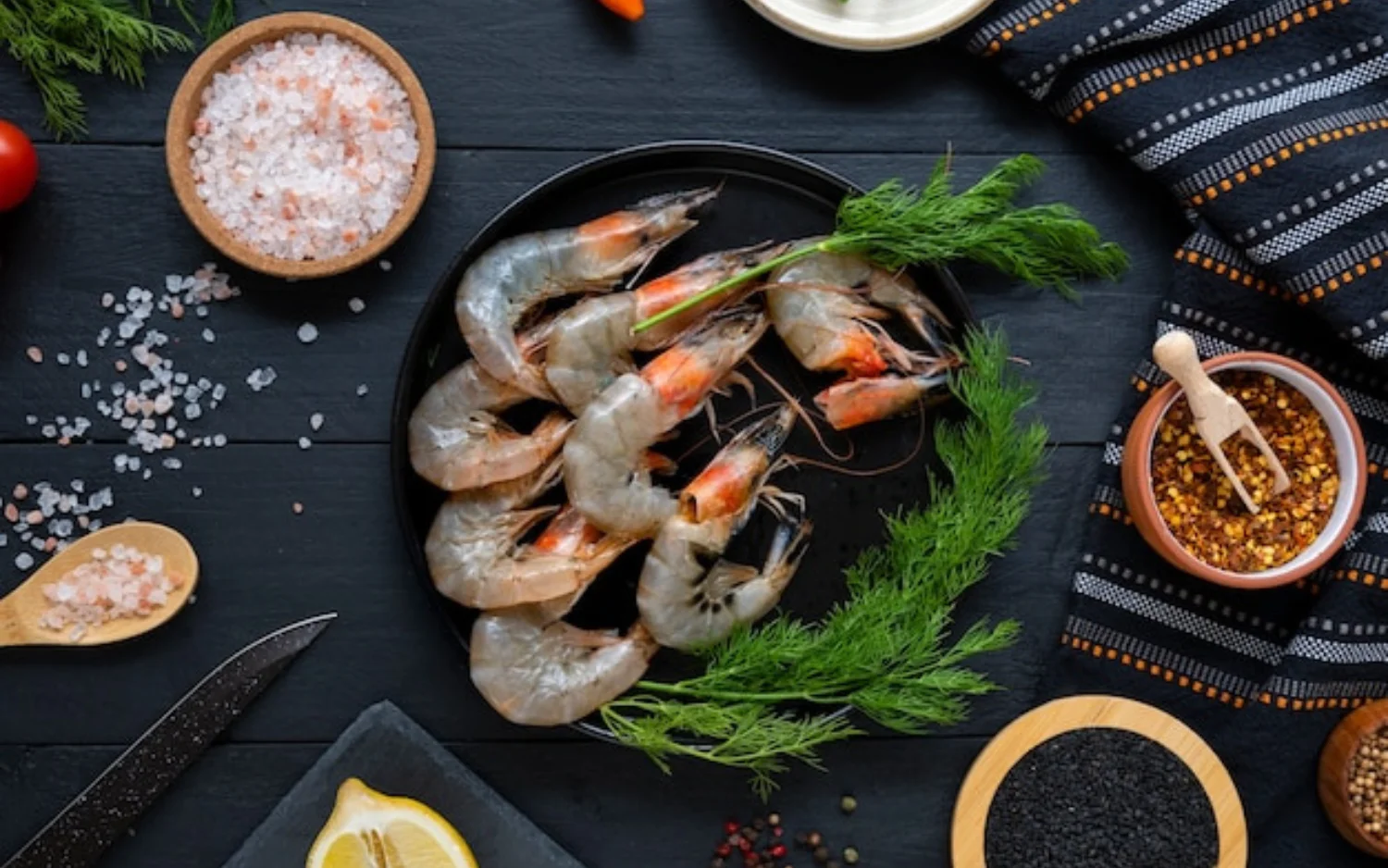 Fresh krill meat an arranged on a black plate with herbs.