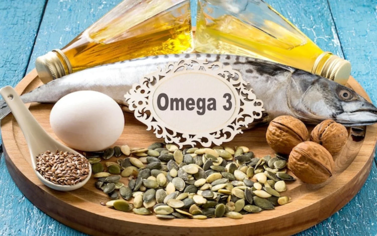 Omega-3 supplements and fish oil arranged on a rustic wooden board, emphasizing their nutritional value and natural origins.