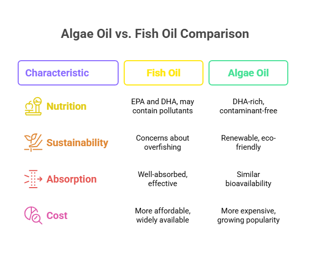 Algae Oil vs. Fish Oil Comparison Chart : A black-background infographic with three columns labeled 'Characteristic,' 'Fish Oil' (yellow border), and 'Algae Oil' (green border). Four rows detail key factors: Nutrition (measuring cup icon), Sustainability (leaf icon), Absorption (arrow-through-pipe icon), and Cost (dollar-sign icon). The visual contrasts the nutritional profiles, environmental impact, bioavailability, and affordability of fish oil versus algae oil, using vibrant icons and color-coded headers for clarity.