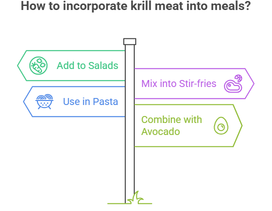 How to incorporate krill meat into meals? Add to salads, use in pasta, combine with avocado.