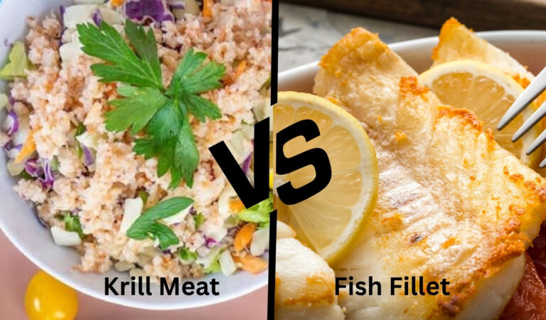 Krill Meat vs Fish Fillet: Healthy krill meat with veggies and herbs vs grilled fish fillet with lemon slices in bowls.