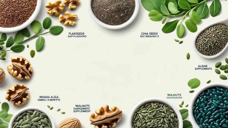 Vegetarian Omega-3 Alternatives: Assorted plant-based supplements in white bowls—flaxseeds, chia seeds, algae, walnuts, sunflower seeds, green leaves on beige background